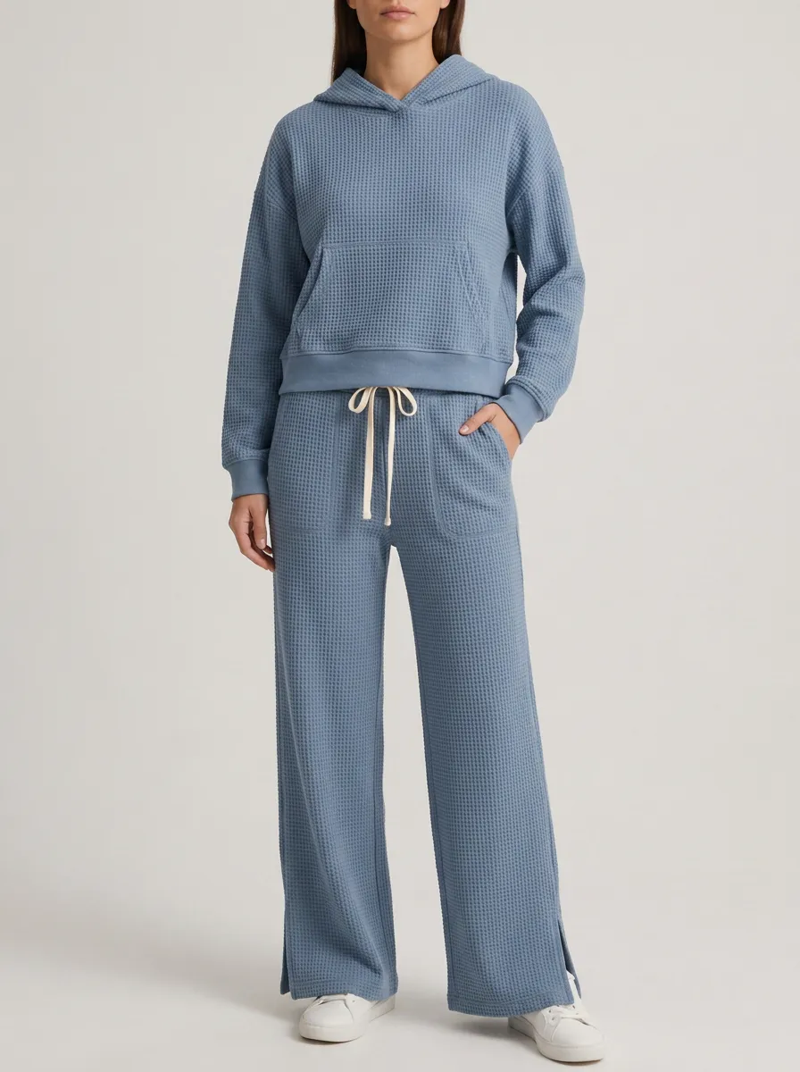 Women's Waffle Knit Blue Solid Color Hooded Pullover Top