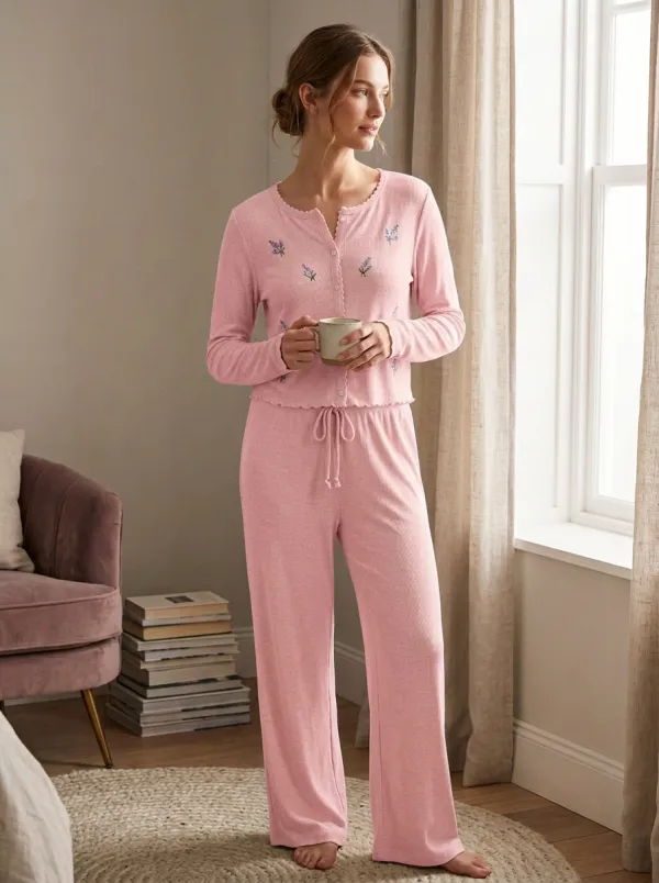 Women's Floral Lover Lavender Printed Ribbed Loungewear Set