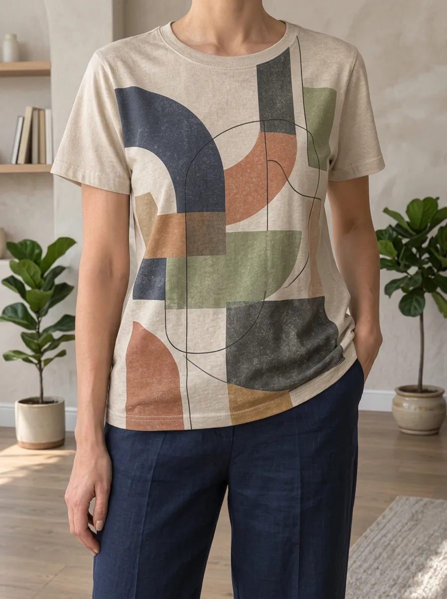 Women's Abstract Geometric Art Curved Crew Neck T-Shirt