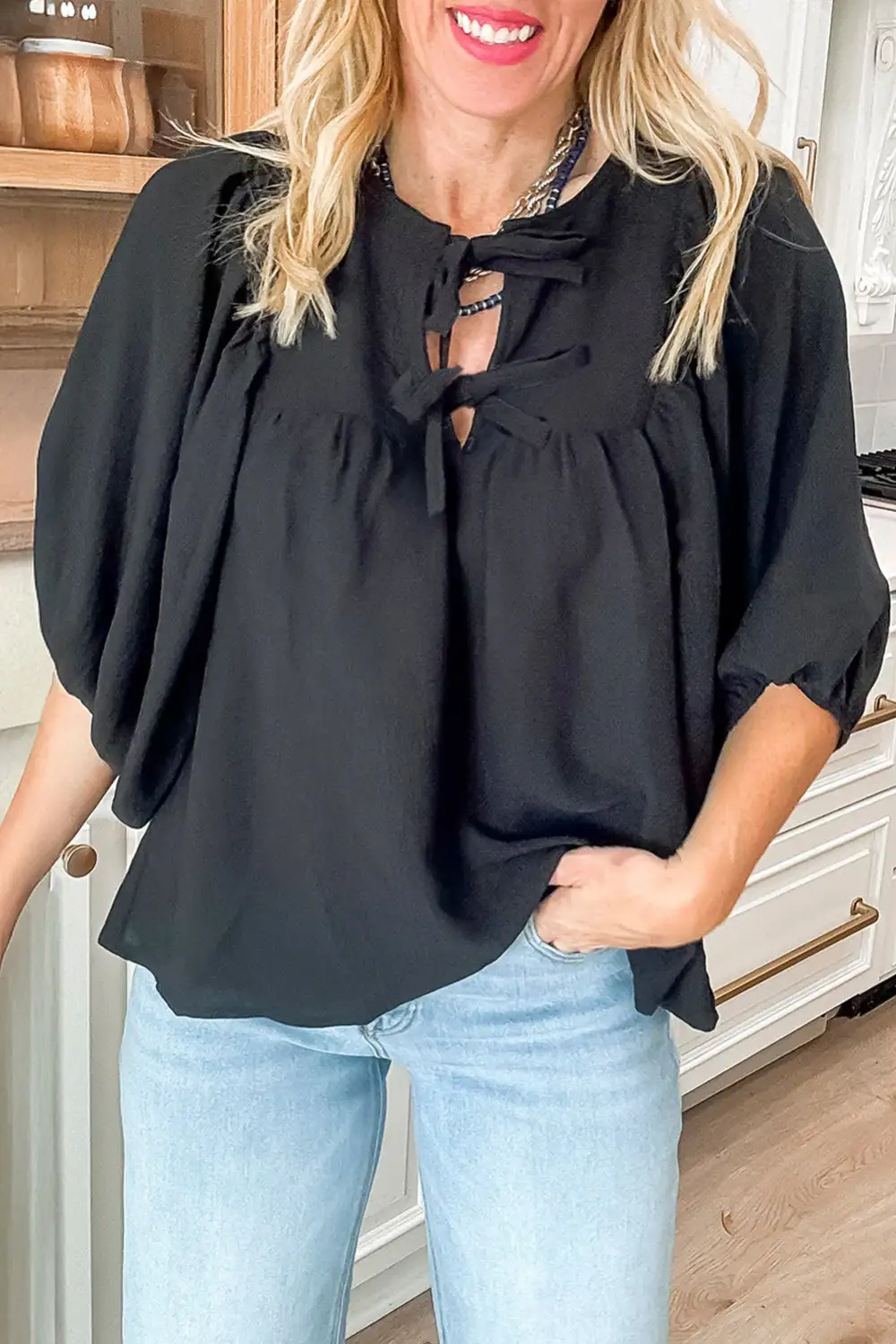 Women's Three Quarter Sleeve Tie Neck Bow Detail Top