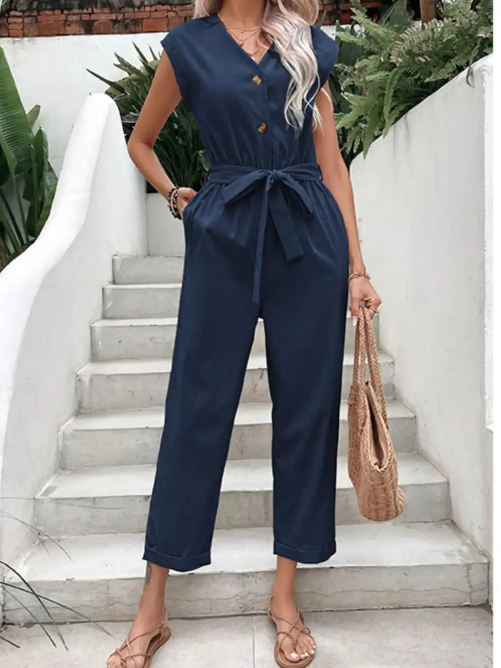 Button Front Tie Waist Jumpsuit