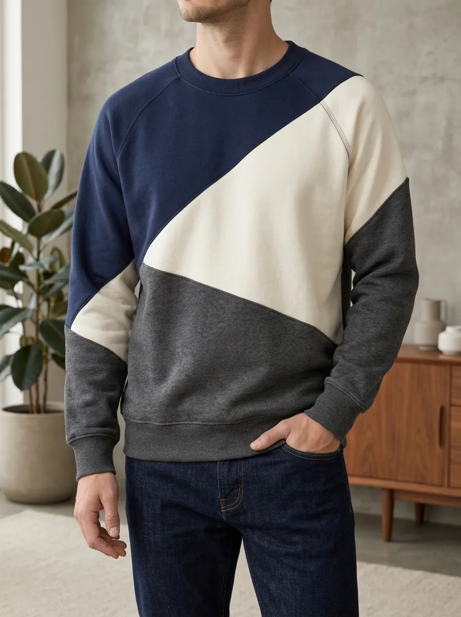 Men's Casual Colorblock Pattern Fleece Crewneck Sweatshirt