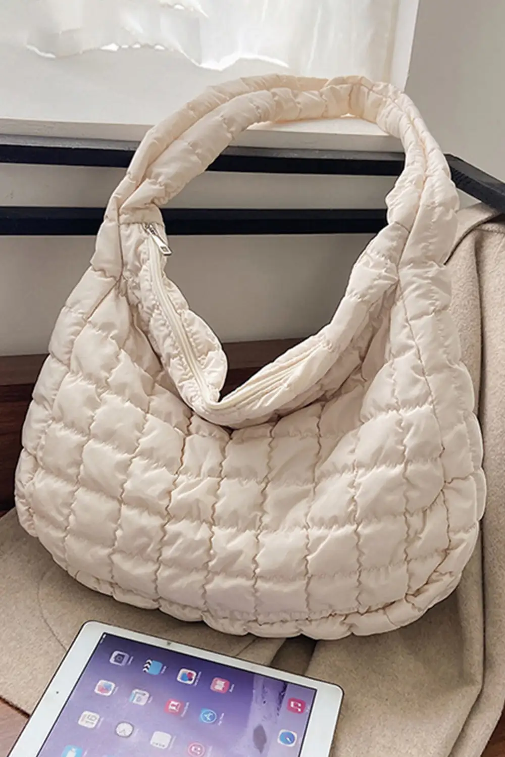 French Beige Quilted Zipper Large Shoulder Bag