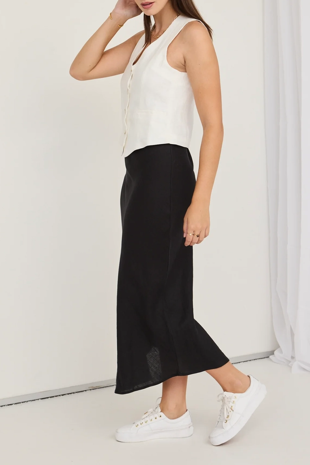 Black Linen Bias Cut Midi Skirt
