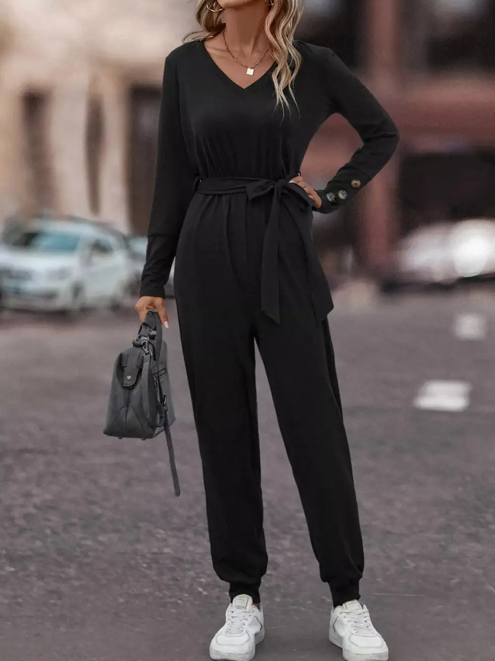 V Neck Long Sleeve Tie Waist Jumpsuit