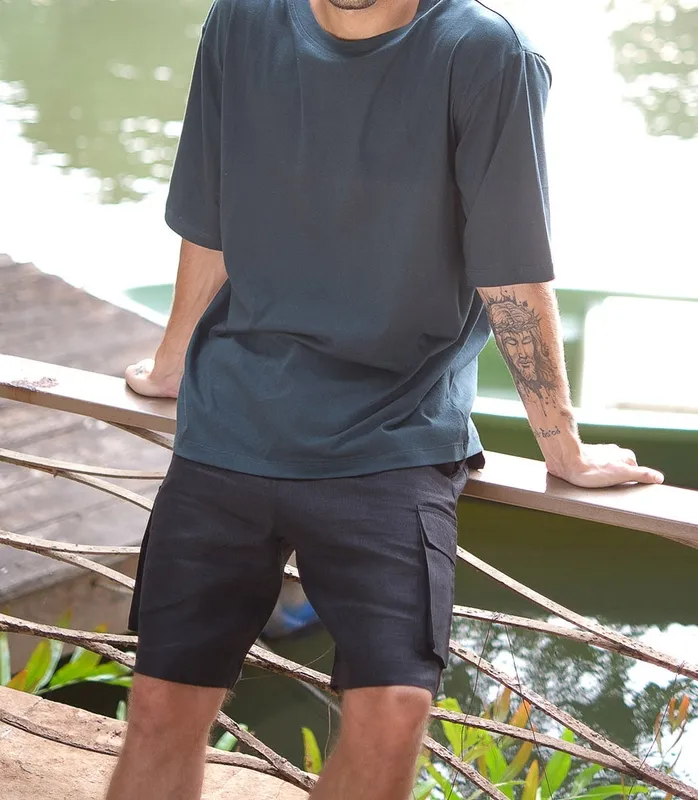 Black Linen Cargo Shorts