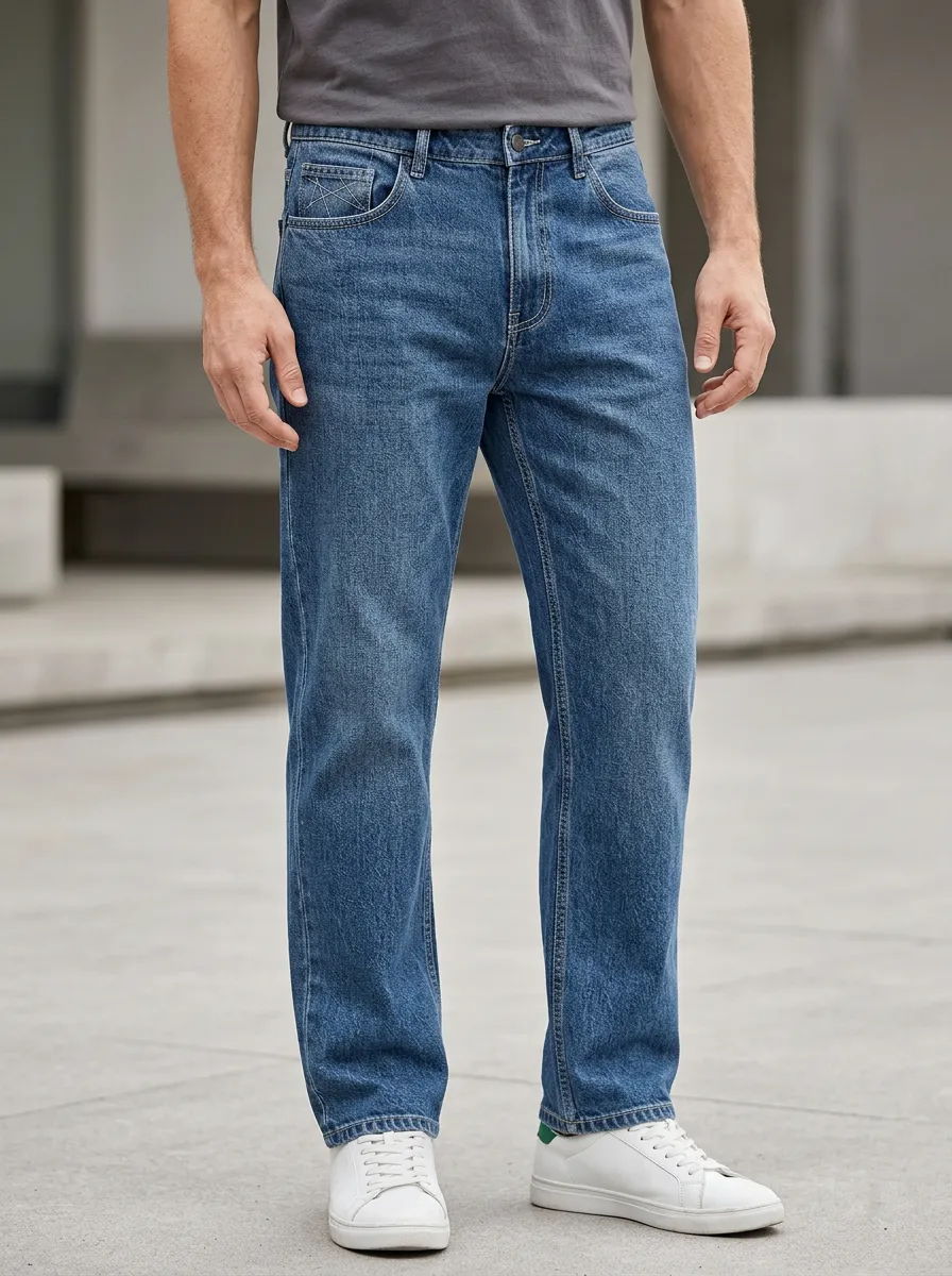 Men's Casual Blue Denim Stitched Detail Straight Leg Jeans