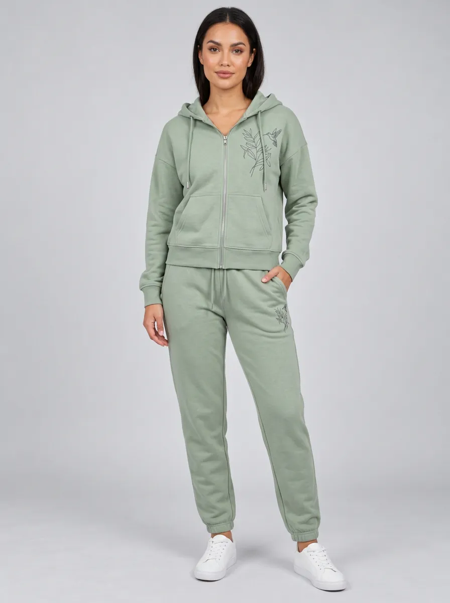 Women's Sage Green Hummingbird Floral Embroidered Zip-Up Hoodie Jacket & Jogger Set