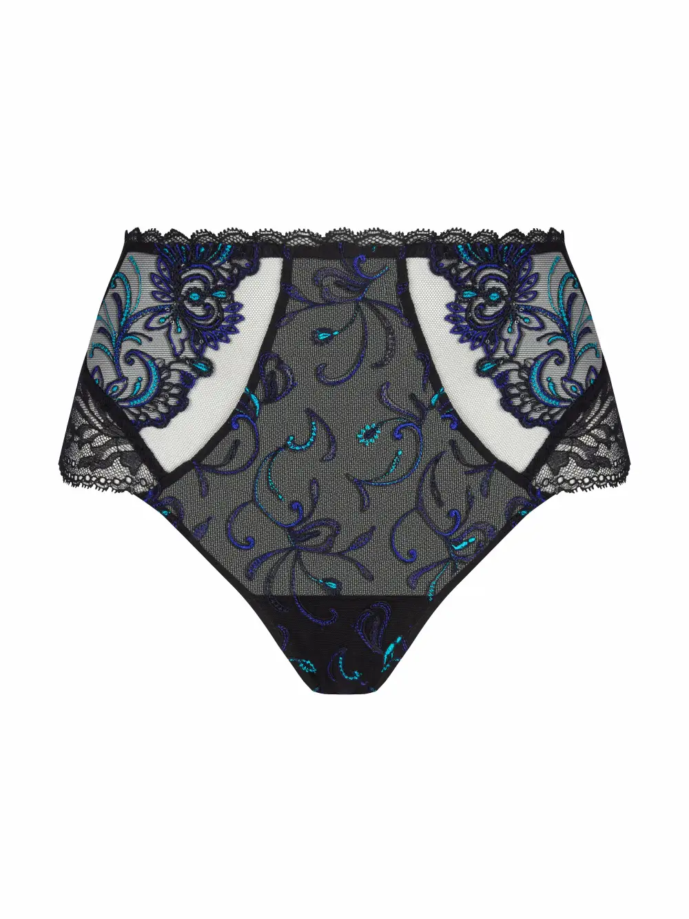 Women's High Cut High Waist Seamless Elastic Waistband Cotton Gusset Scalloped Lace Embroidery Mesh Sheer Detail Cotton Cutout Detail Lightweight Boxer Panty