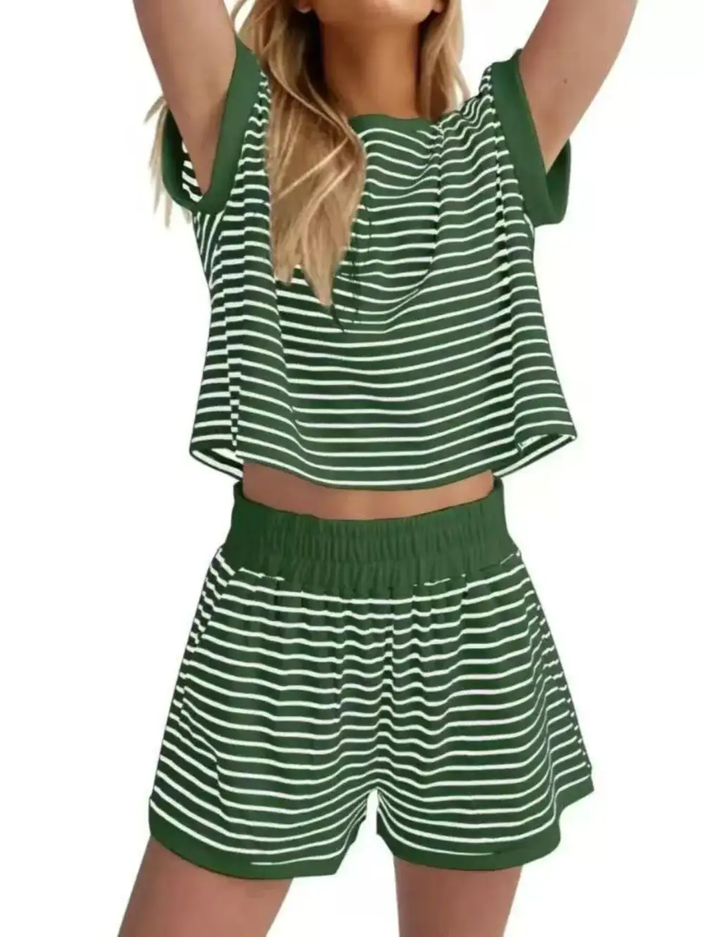 Striped Round Neck Top and Shorts Set