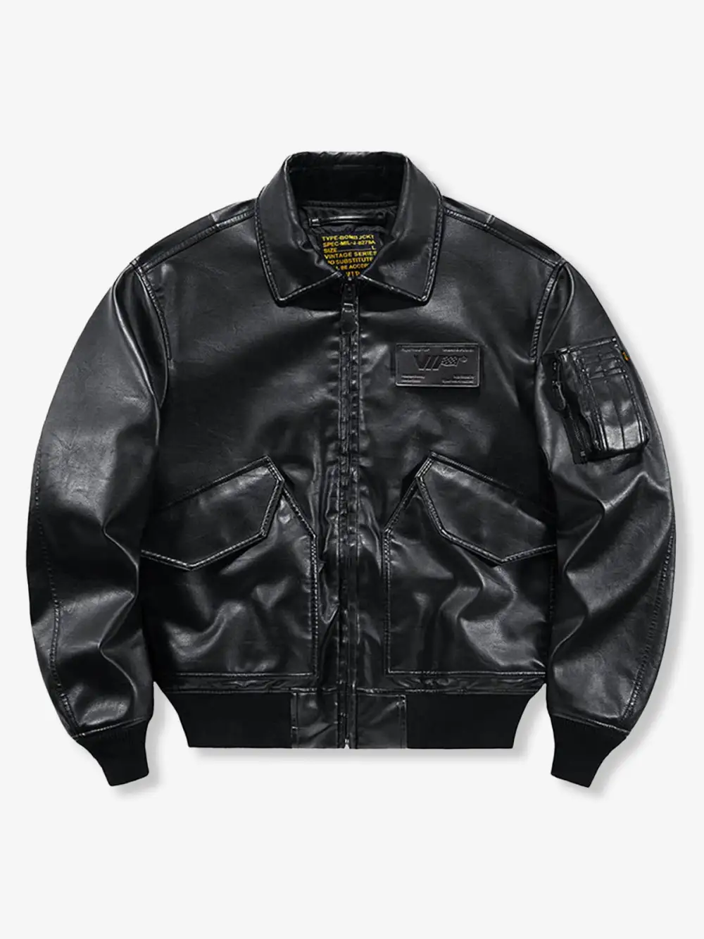 Men's Leather Pocketed Bomber Jacket