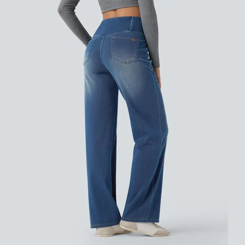 2026🔥  High Waisted Multiple Pockets Baggy Wide Leg Washed Stretchy Knit Casual Jeans