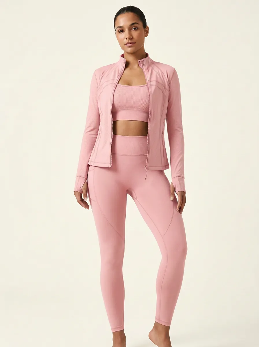 Performance-Inspired Ribbed Texture Zip Detail Activewear Women's Three Piece Activewear Set