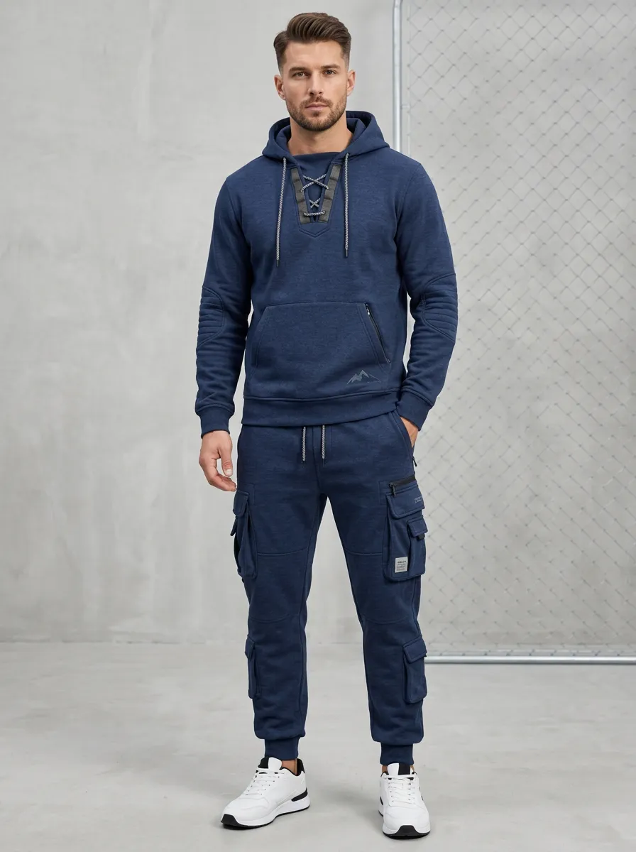 Functional Lace-Up Multi Pocket Essential Men's Lace Up Hoodie And Cargo Jogger Set