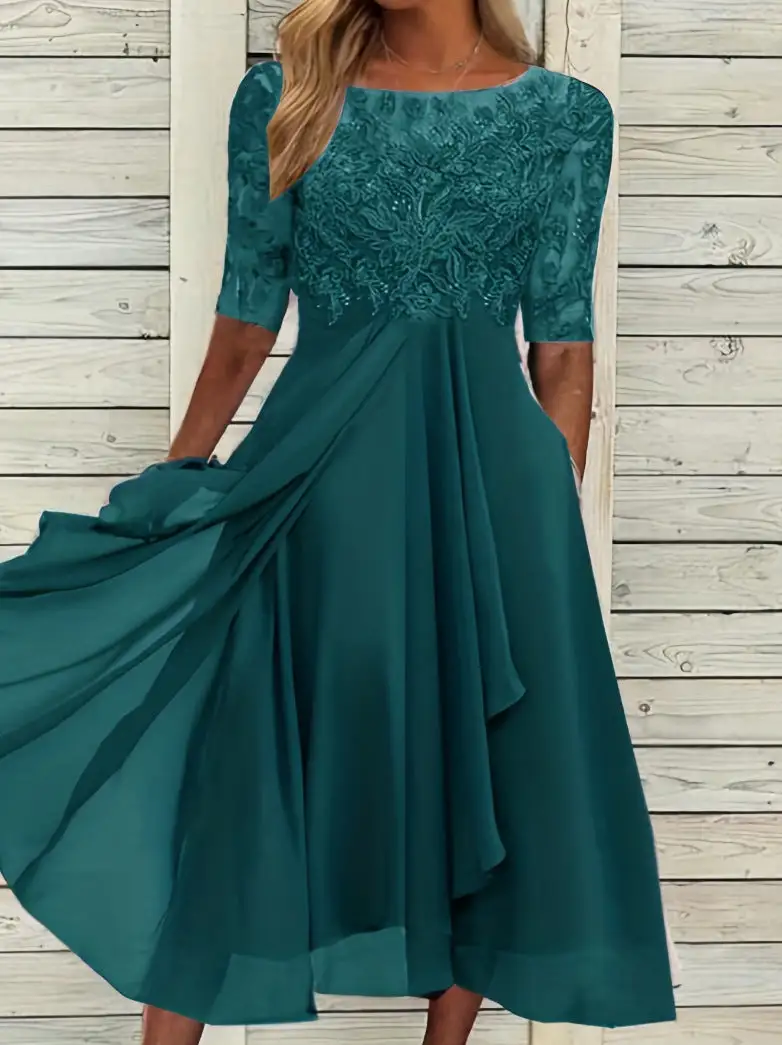 Women's A-Line Three-Quarter-Sleeve Lace Floral Midi Dress