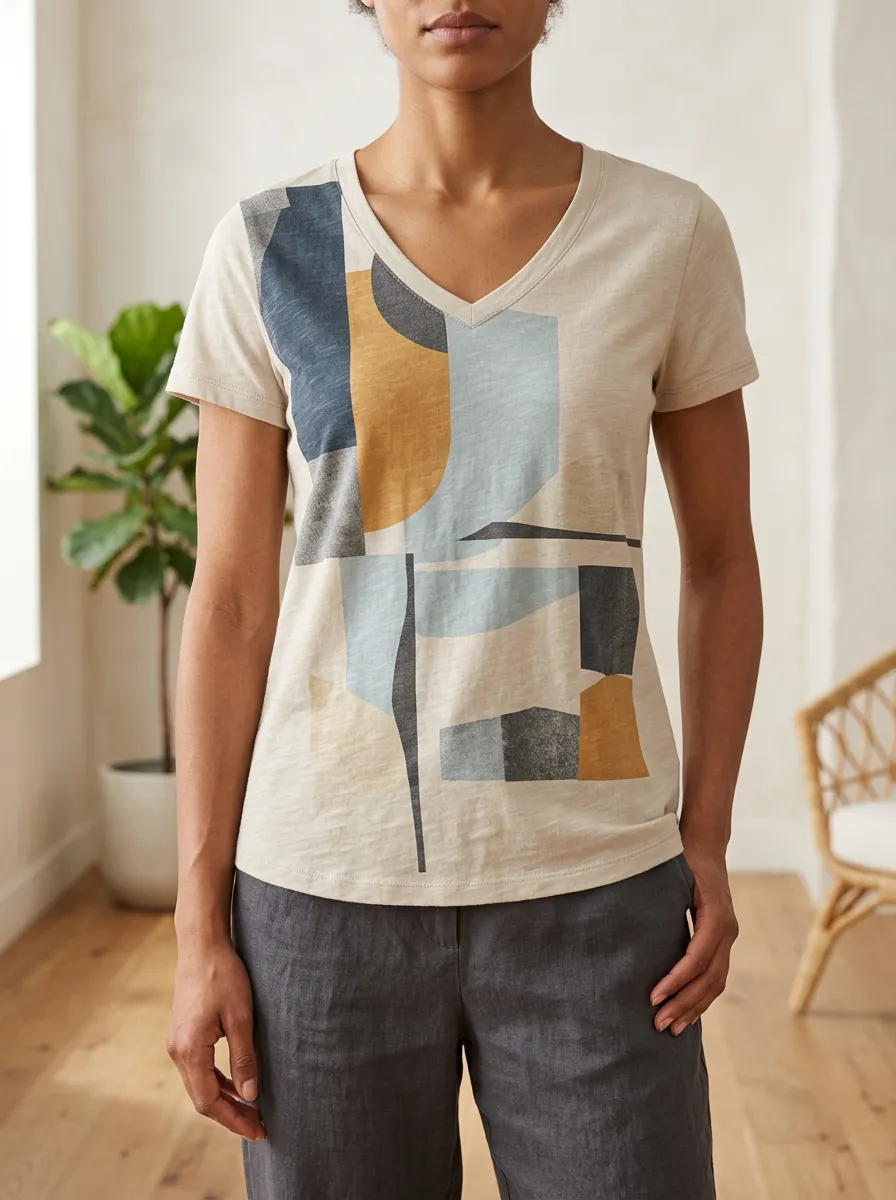 Women's Balanced Abstract Geometric Art V-Neck T-Shirt