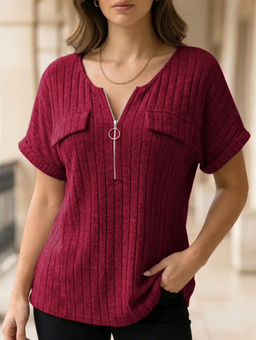 Ribbed V-Neck Knit Top