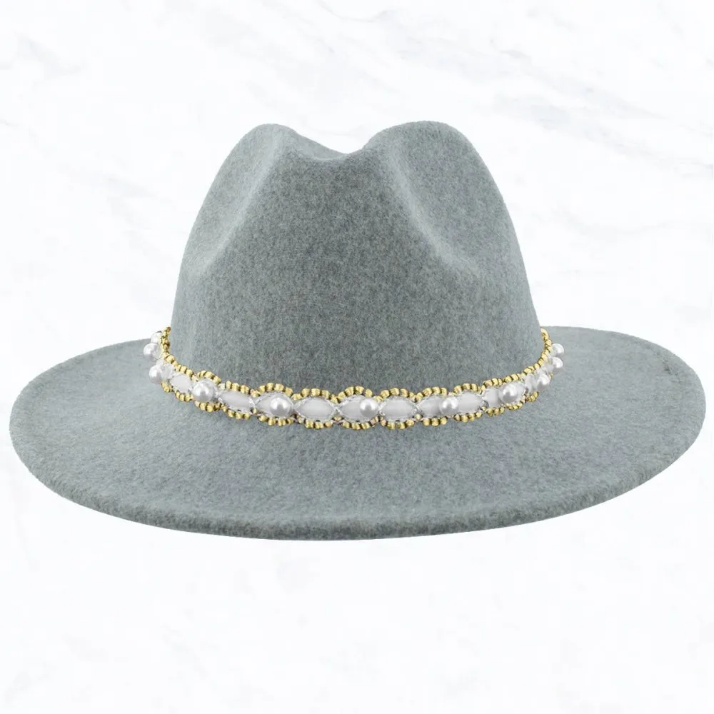 Woman Jazz Hat Pure Wool Top Pearl Belt Hat