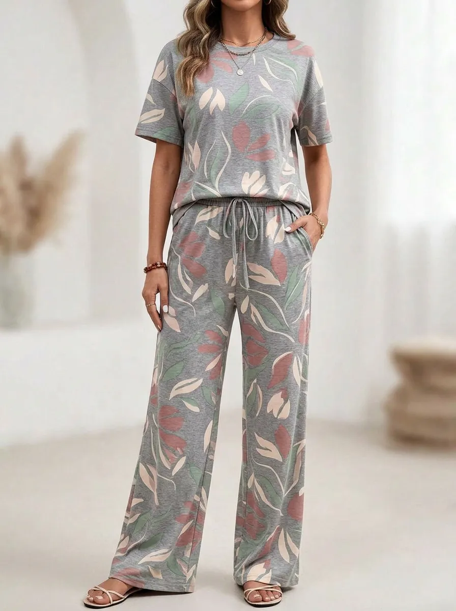 Women's Heather Grey Floral Tee & Wide-Leg Pants Set