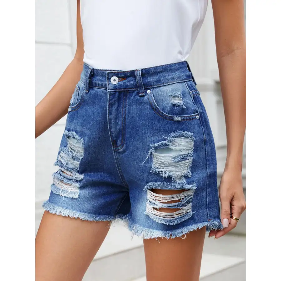 Refined Distressed Raw Hem Denim Shorts