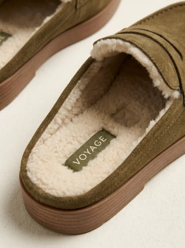 Women's Field Faux Fur Lined Platform Suede Wood Sole Loafers