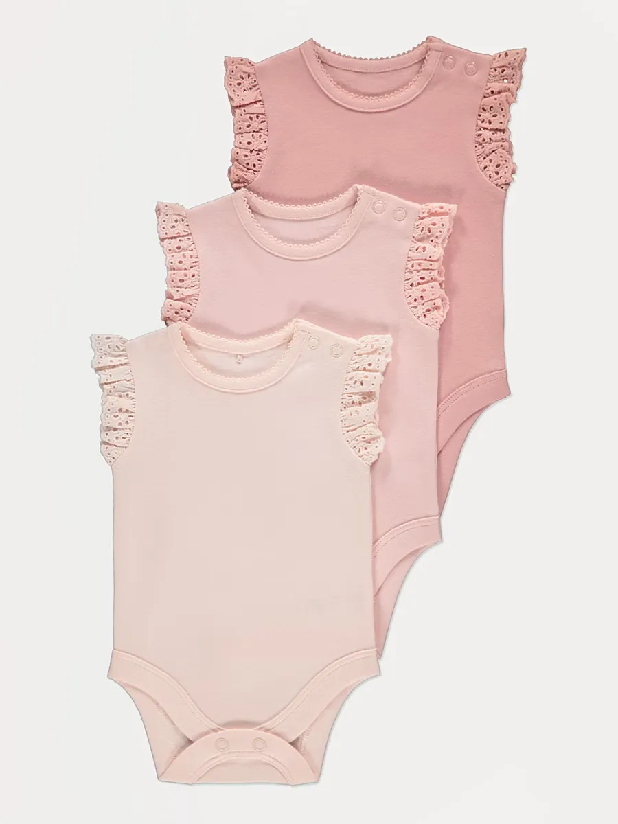 Pink Broderie Edge Bodysuits 3 Pack
