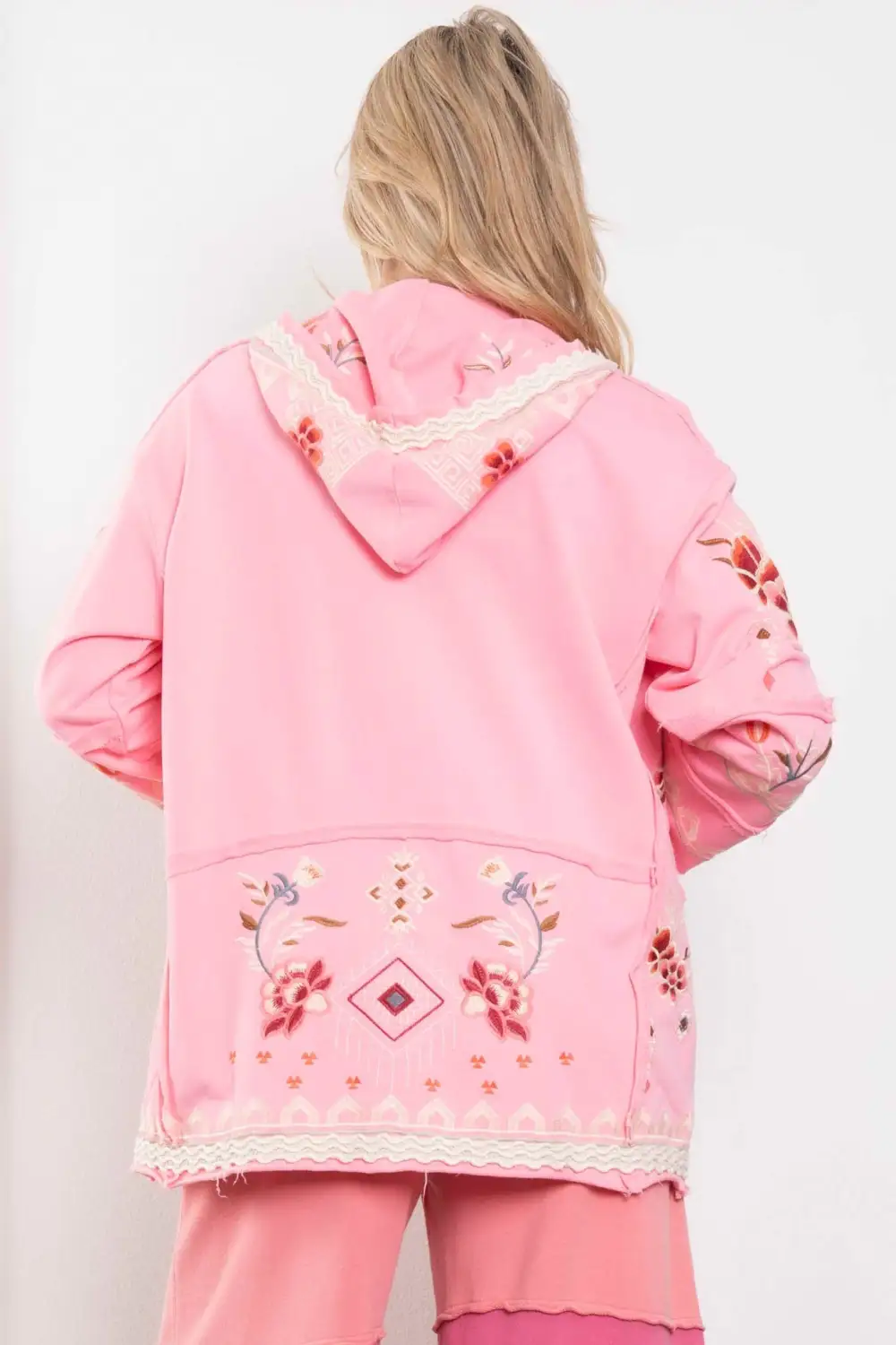 Open Front Lace Detail Floral Detail Hooded Cardigan