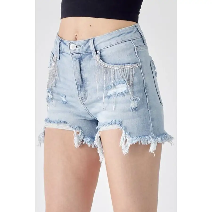 Risen Frayed Hem Denim Shorts with Fringe Detail Pockets