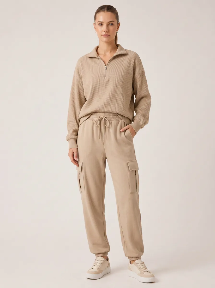 Women's Casual Beige Waffle Knit Quarter Zip Cargo Jogger Set