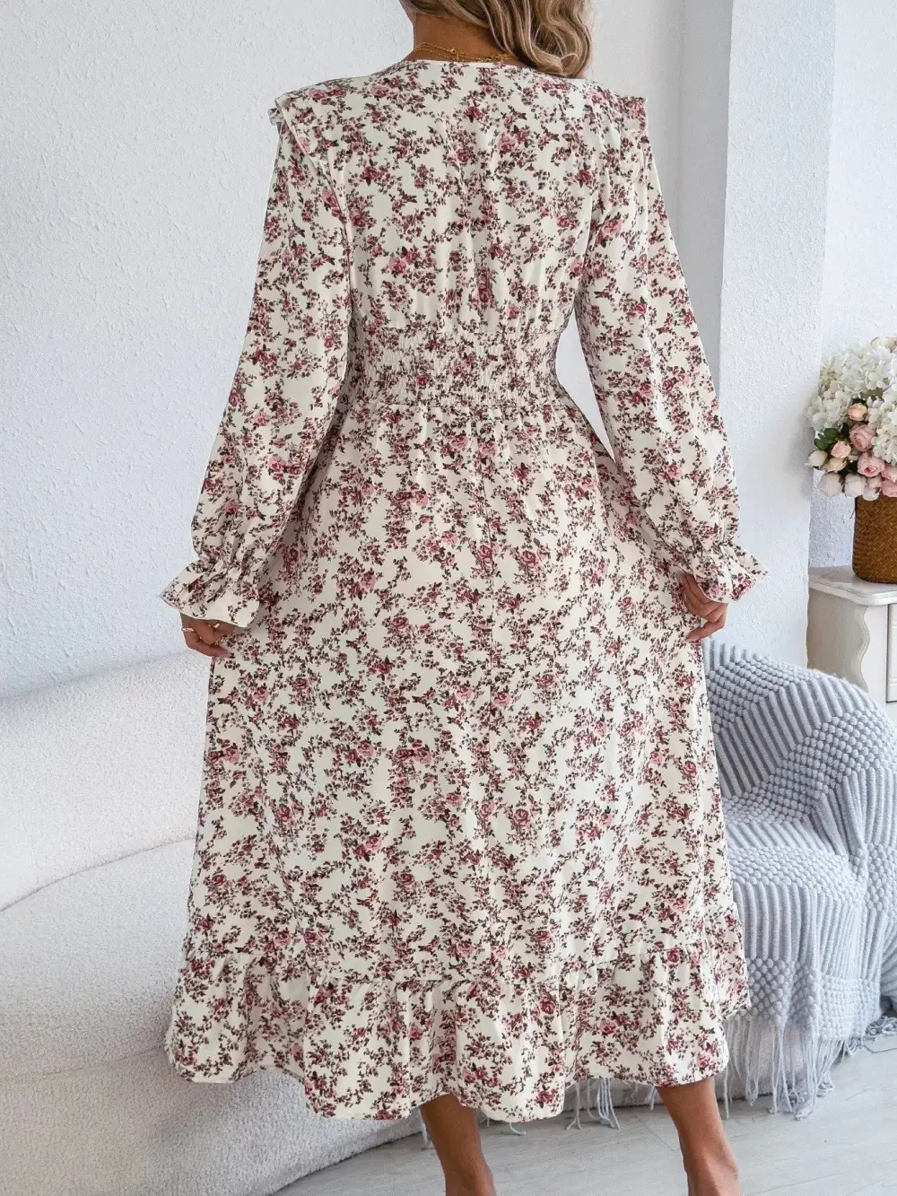 Clean Line Floral V Neck Ruffle Dress