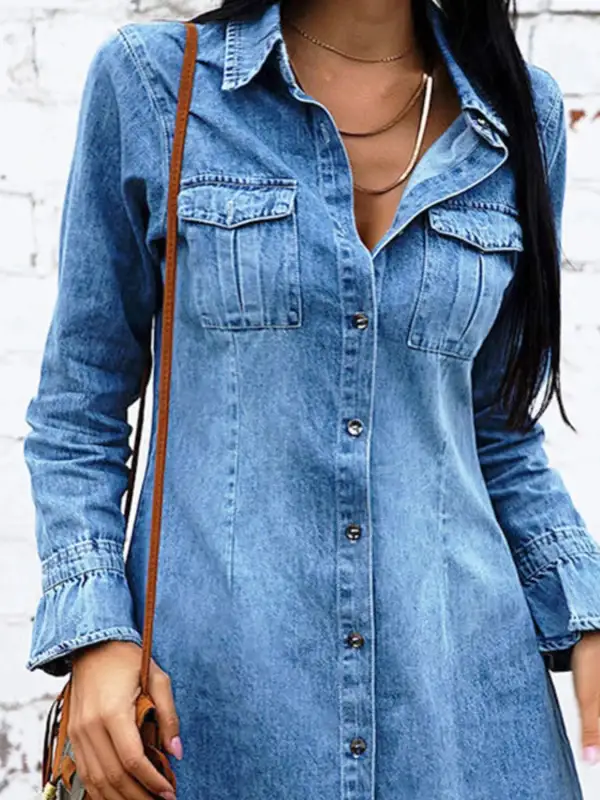 Denim Button Front Long Sleeve Dress Casual