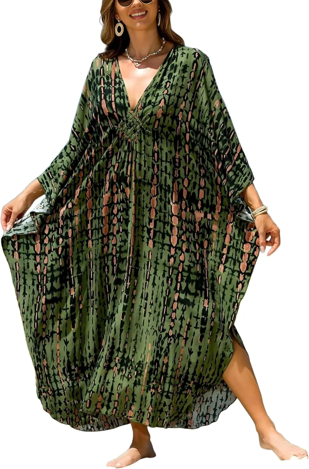 IMAGEKOPE Kaftan Dresses for Women Plus Size V-Neck Moo Moos Batwing Kaftan Beach Dress Bathing Suit Cover-Up Loungewear