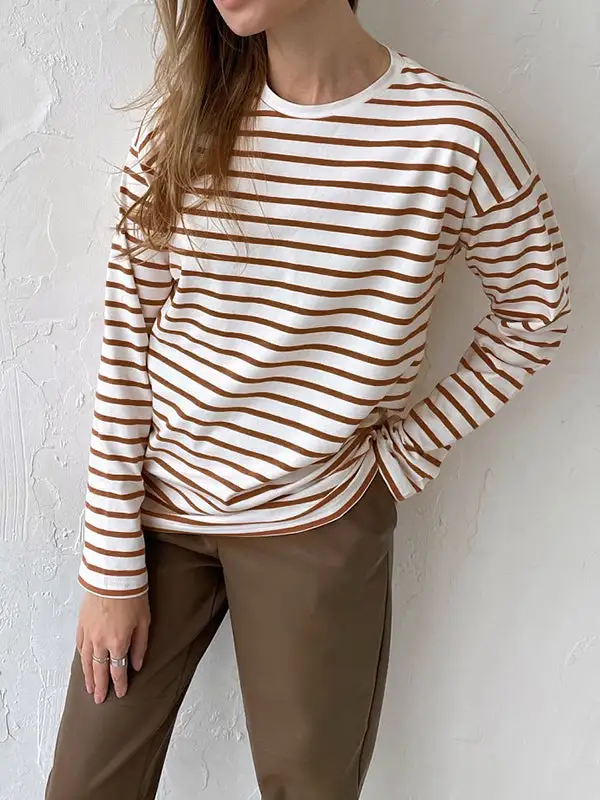 Long Sleeve Relaxed Stripe Round Neck T-Shirt