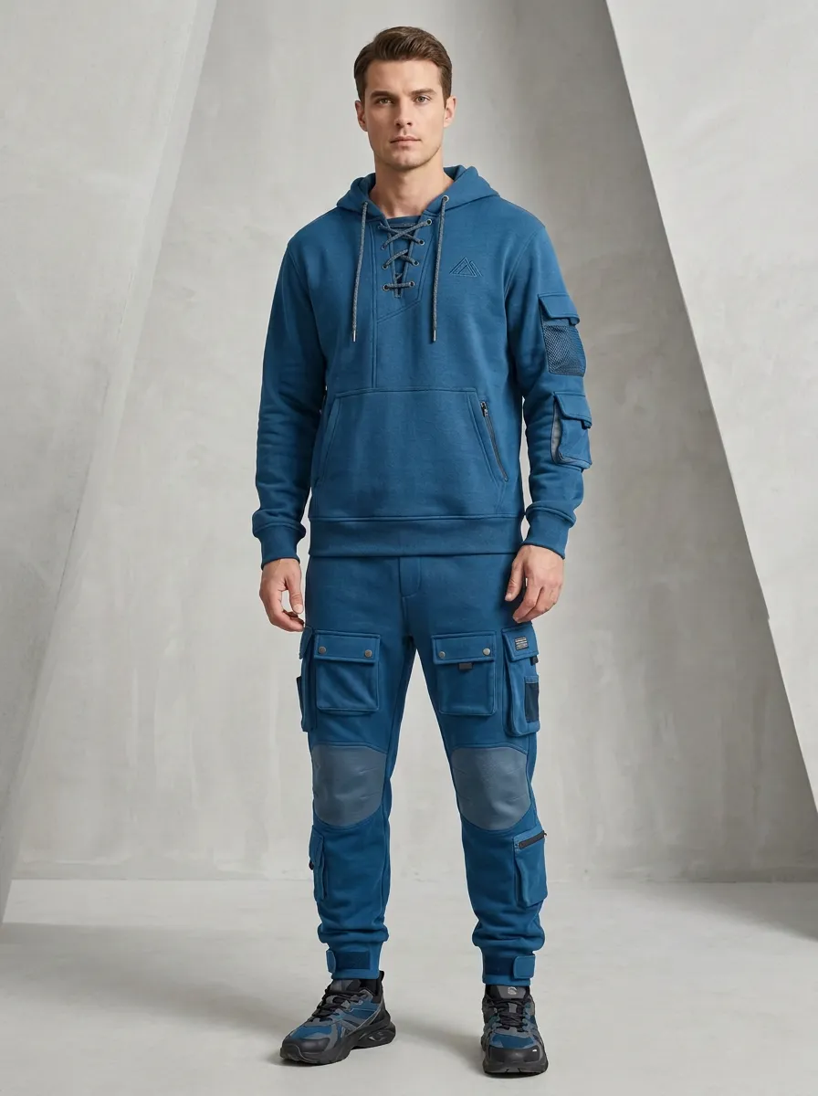 Urban Lace-Up Multi Pocket Style Men's Lace Up Hoodie And Cargo Jogger Set