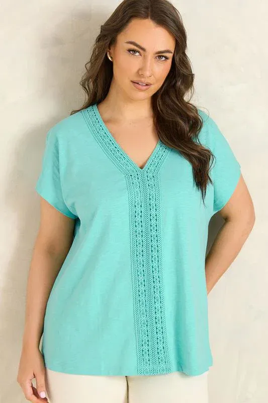 Aqua Blue Cotton Crochet Trim Top