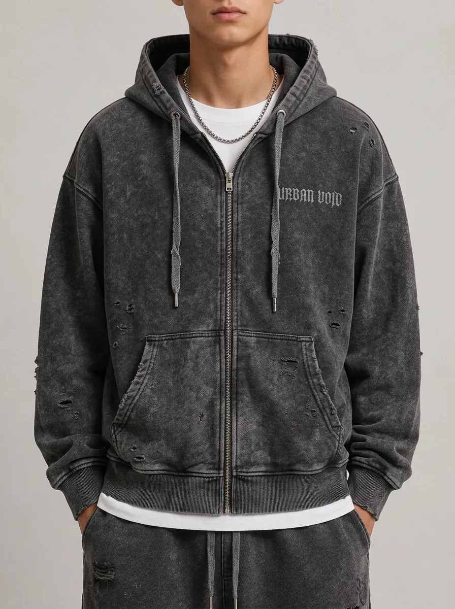 Men's Urban Void Gothic Letter Printed Distressed Zip-up Hoodie