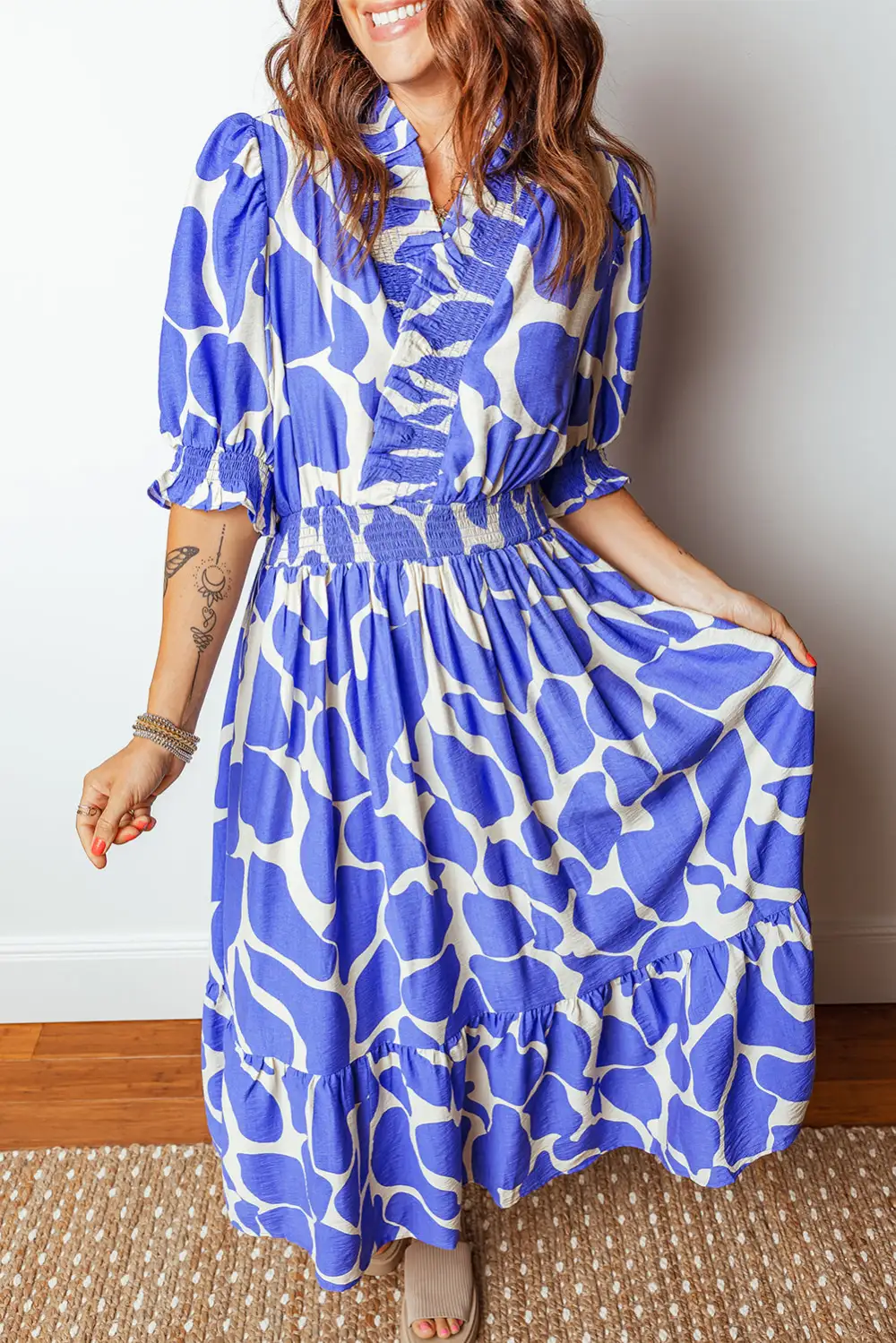 Sky Abstract Print Smocked Waist Puff Half Sleeve Maxi