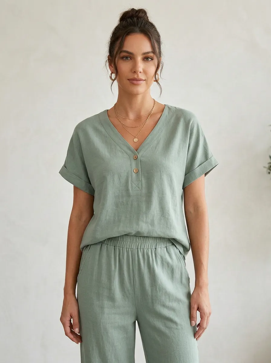 Short-Sleeve Button-Front Women's V-Neck Shirt
