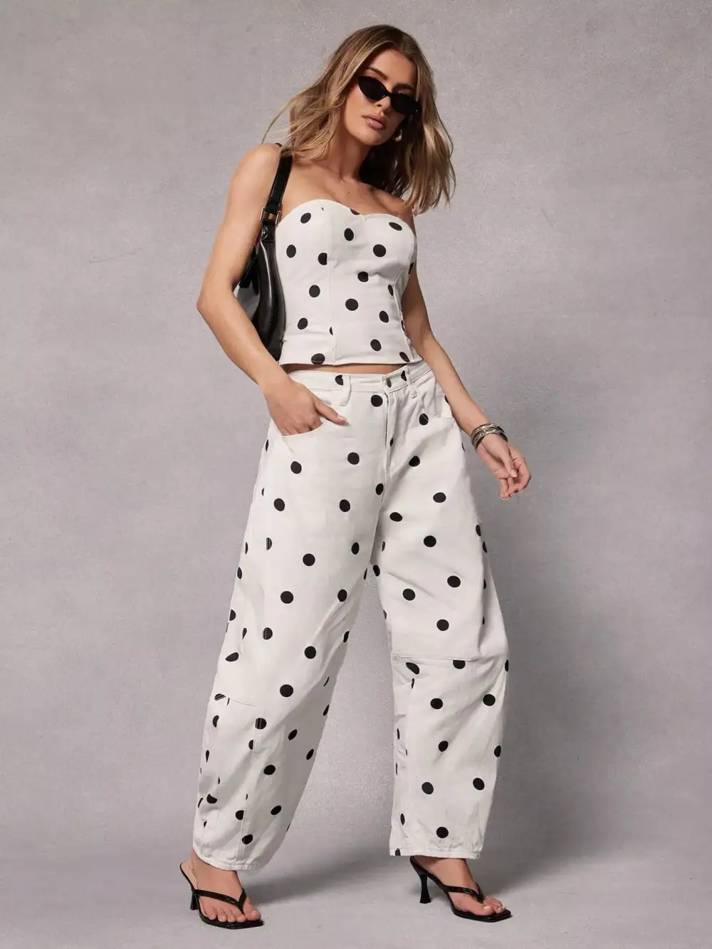 Denim Polka Dot Wide Leg Pocketed Jeans