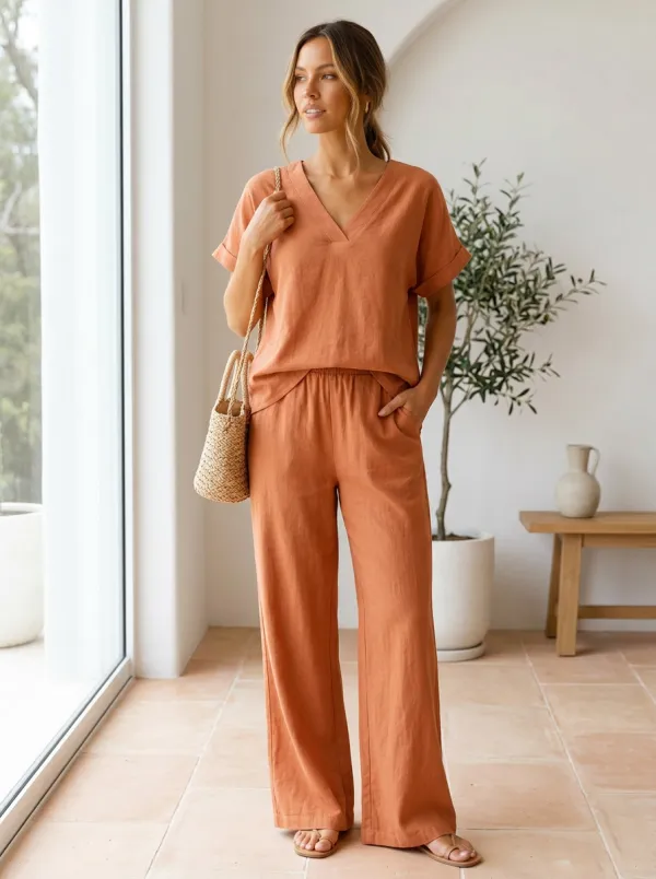 Cuffed-Sleeve Linen-Blend Women's V-Neck Shirt