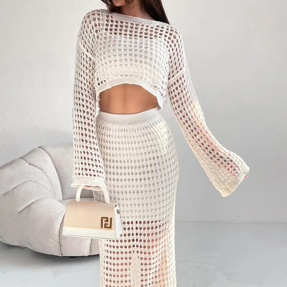 Structured Knit Lace Blouse And Long Skirt Set