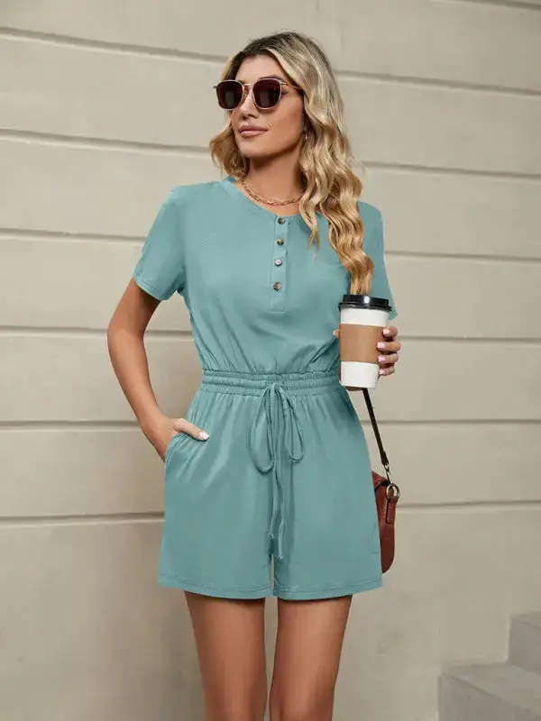 Knit Loose Short Sleeve Button Tie Shorts
