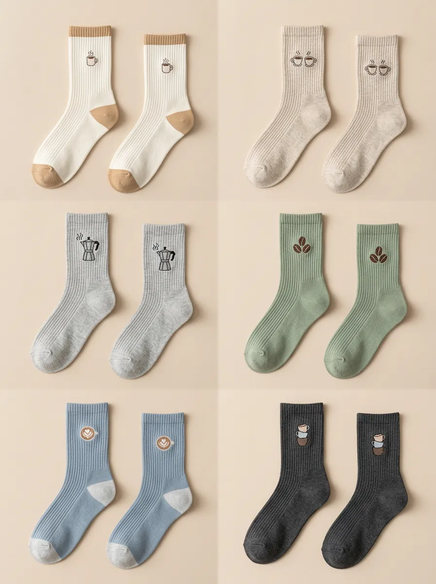 Women's Embroidered Coffee Motif Ribbed Crew Sock Set