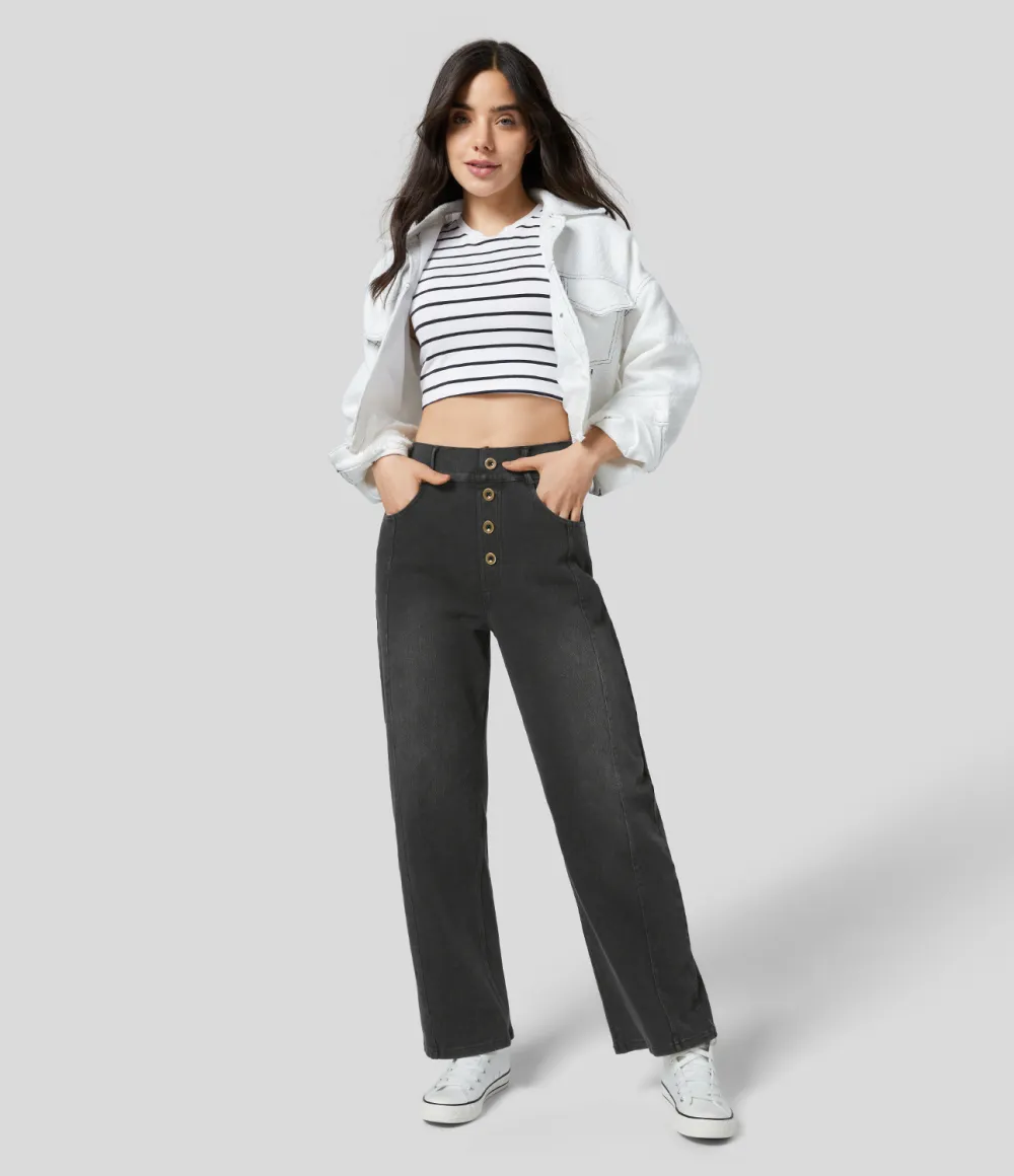 Magic High Waisted Decorative Button Multiple Pockets Straight Leg Stretchy Knit Casual Boyfriend Jeans