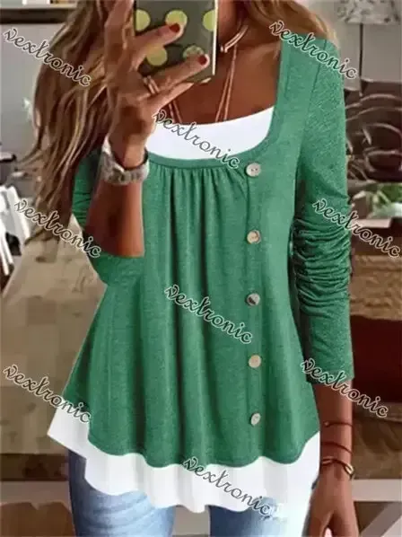Women's Long Sleeve U-Neck Buttons Top