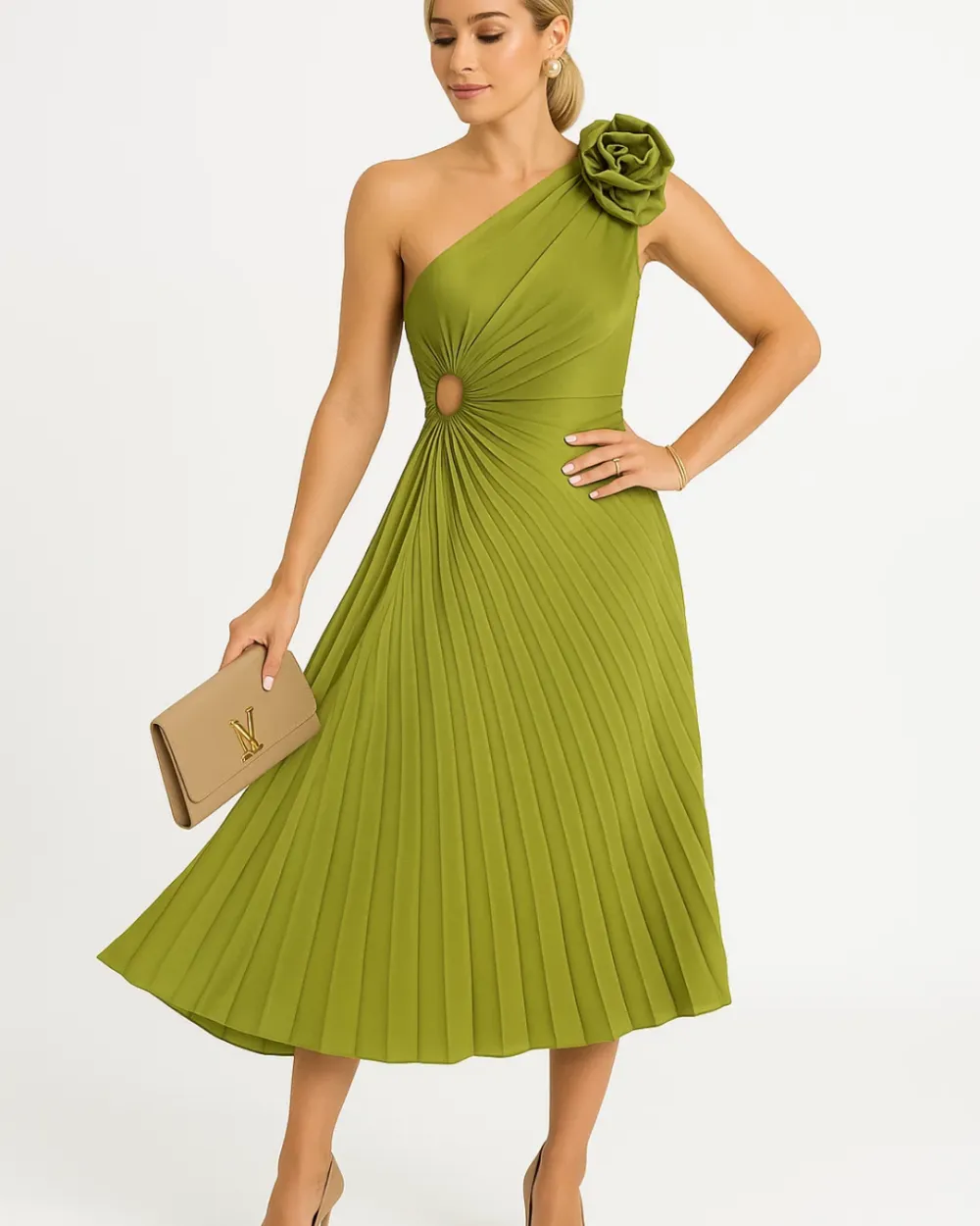 One Shoulder Pleated Midi Dress