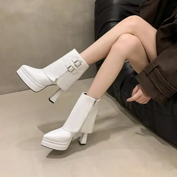 Buttoned Weekend Point Toe Block Heels Boots