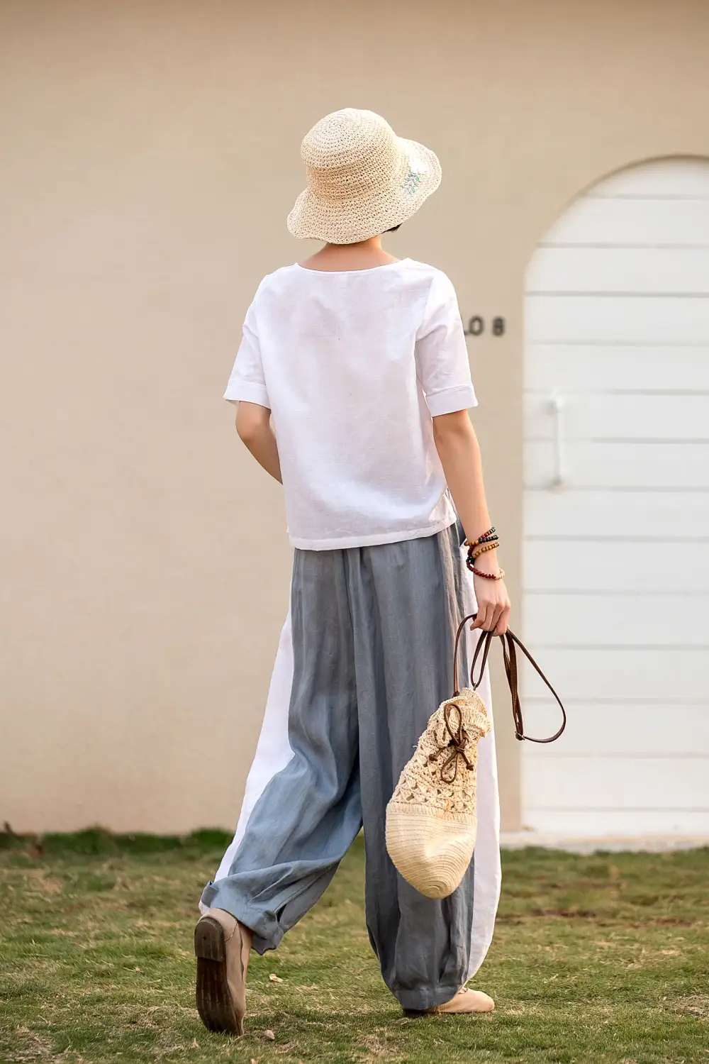 Refined Linen Cropped Elastic Waist Pocketed Trousers