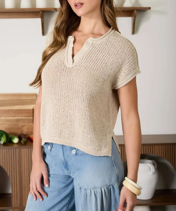 Split Neck Raw Edge Sheer Knit Top