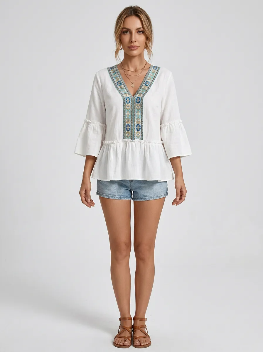 Boho Floral Embroidery Printed Peplum Top